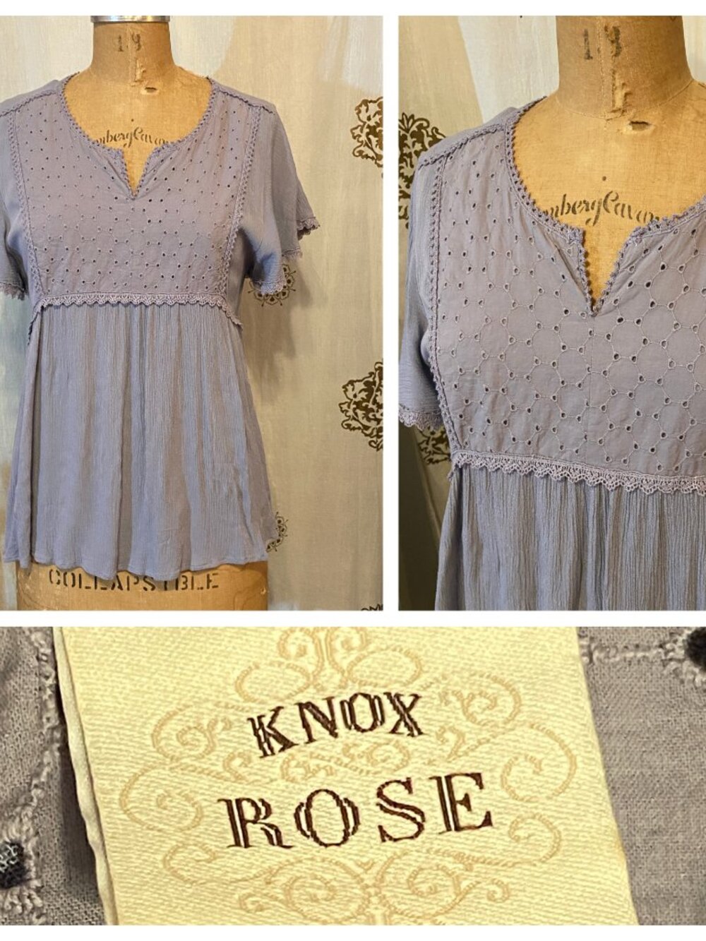 Knox Rose Blouse Blue Eyelet Flutter Sleeve Peasant Top XS Boho Festival Hippie